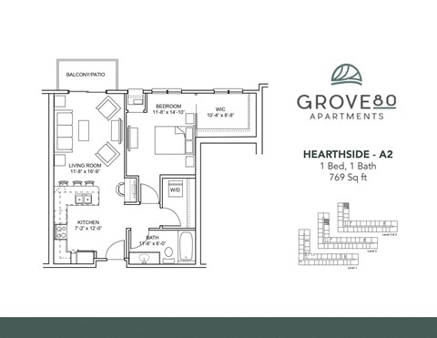 Floor plan for 1 bed, 1 bath, 769 sqft